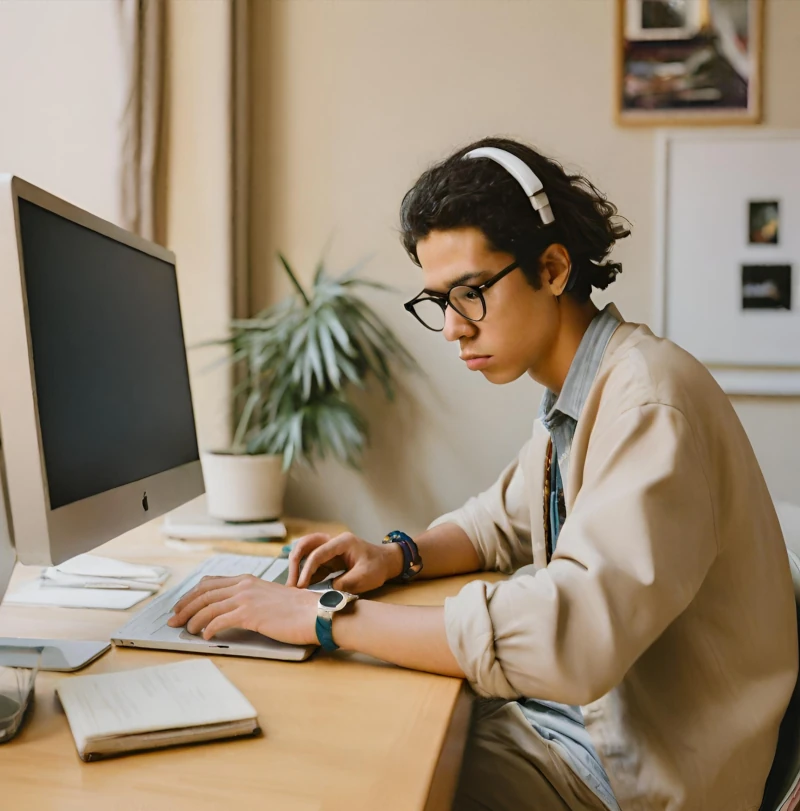 man studying at computer